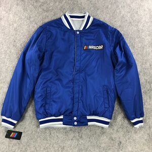NEW Nascar Bomber Jacket Mens Large REVERSIBLE Blue Gray Snap Up JH Design